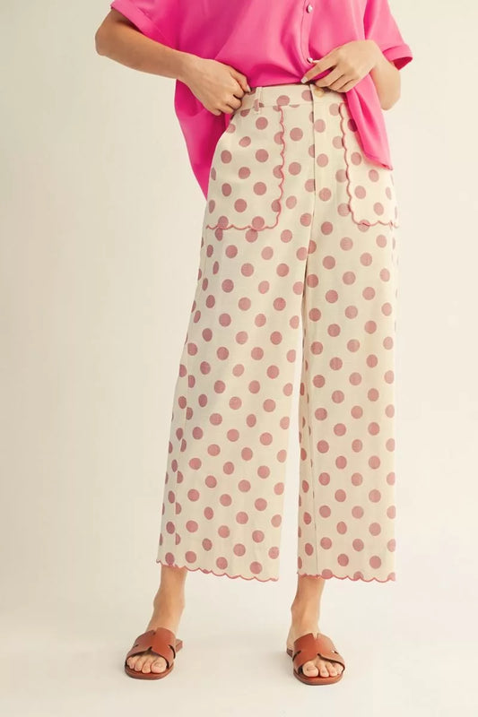 High waist wide leg polka dot pants with embroidered
