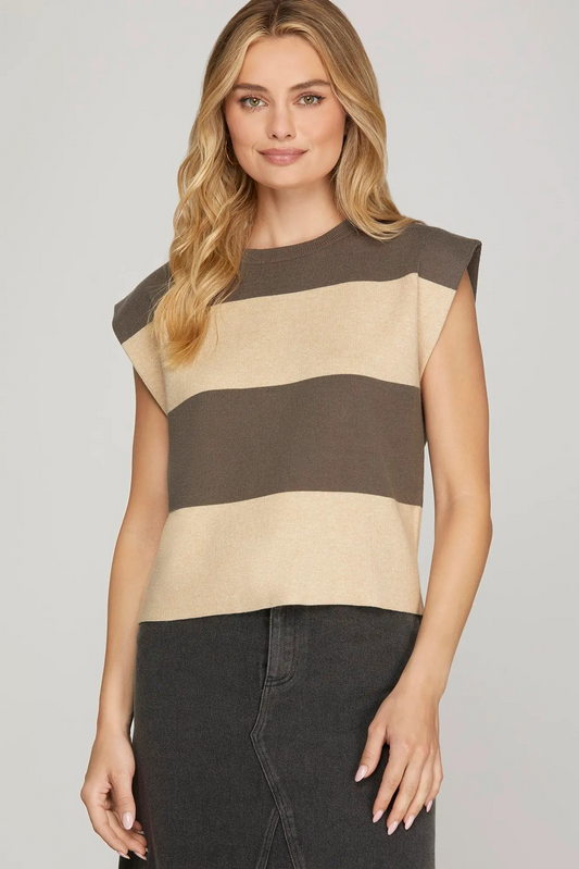ROUND NECK SLEEVELESS STRIPED SWEATER TOP