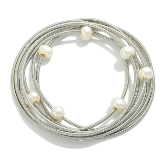 Set of Six Guitar String Stretch Bracelets With Pearl Details
