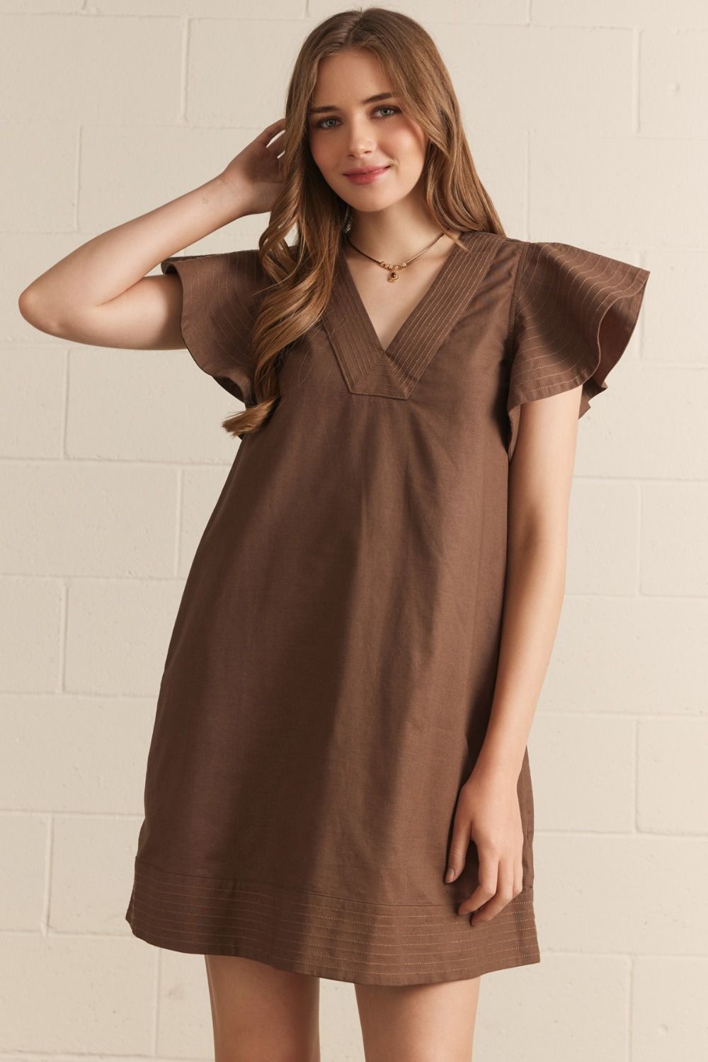 Solid V-neck flutter sleeve mini dress
