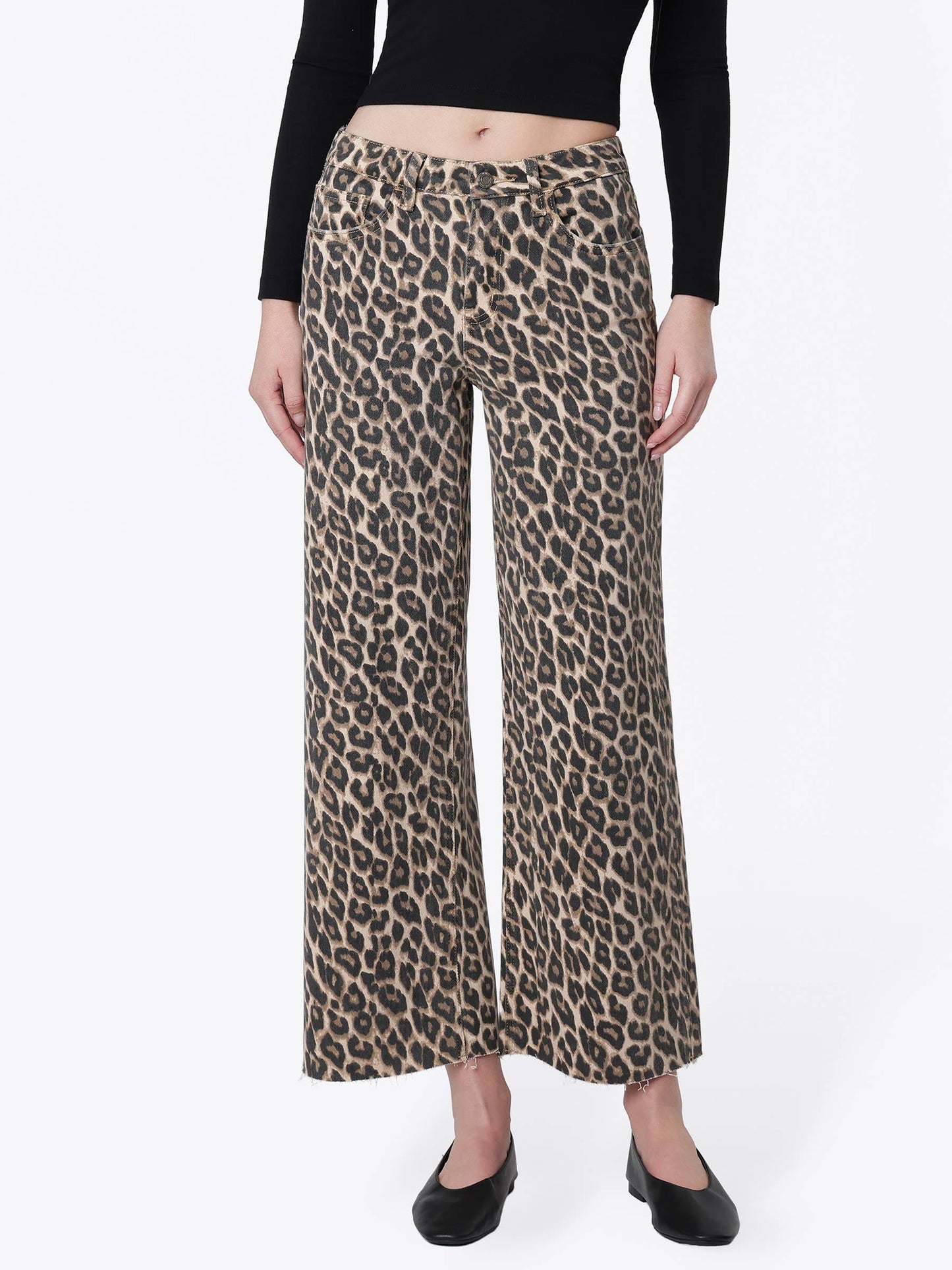HIGH RISE ANIMAL PRINT CROP WIDE LEG JEANS T5894LPD