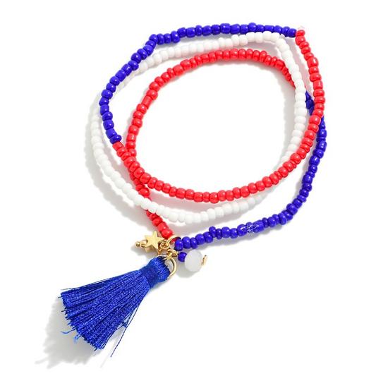 Set of Three Americana Beaded Stretch Bracelets With Tassel Detail