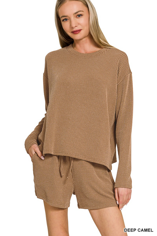Raised rib long sleeve tee & shorts set