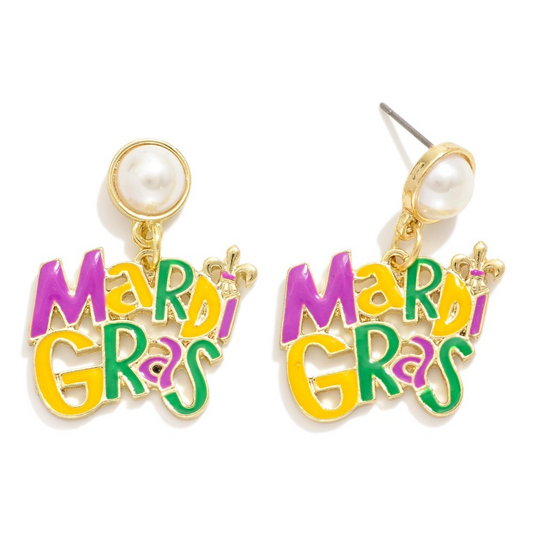 Enamel "Mardi Gras" Post Drop Earrings Featuring Pearl Post