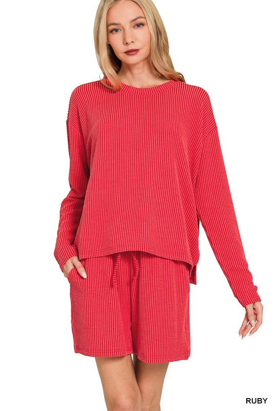 Raised Rib Long Sleeve Tee & Shorts Sets