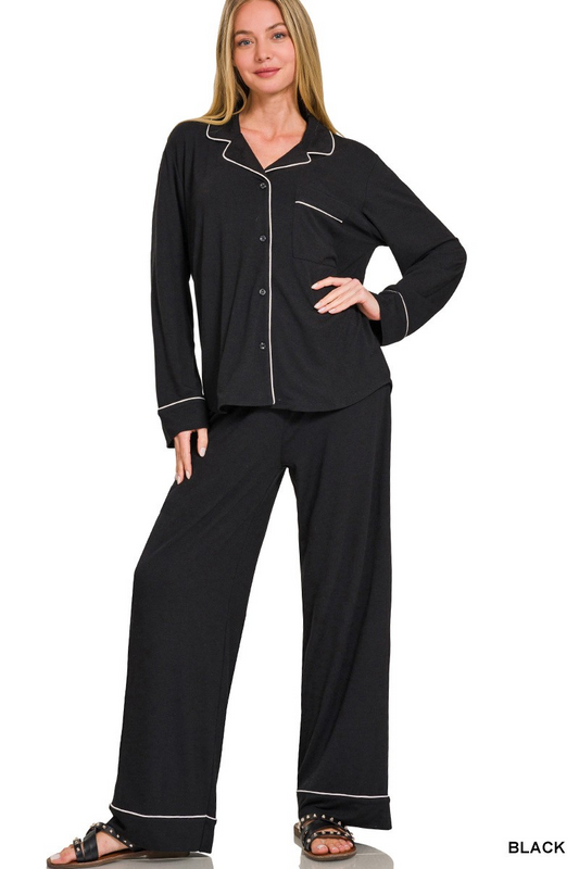 Button-down long sleeve shirt & long pants pj set