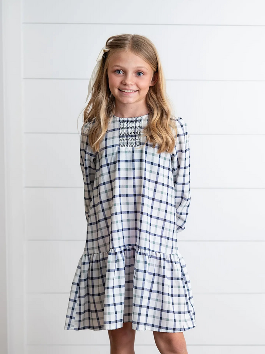 Girls Navy & White Plaid Smocked Ruffle Fall Winter Dress
