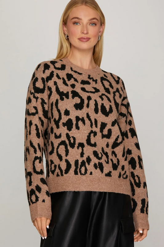 LONG SLEEVE LEOPARD PATTERN SWEATER