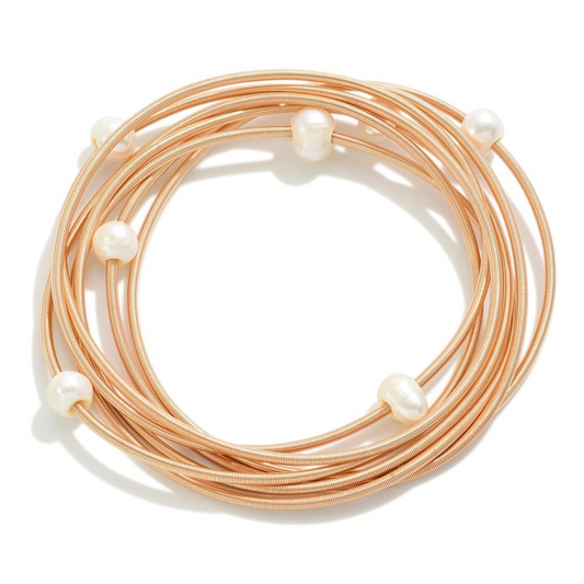 Set of Six Guitar String Stretch Bracelets With Pearl Details