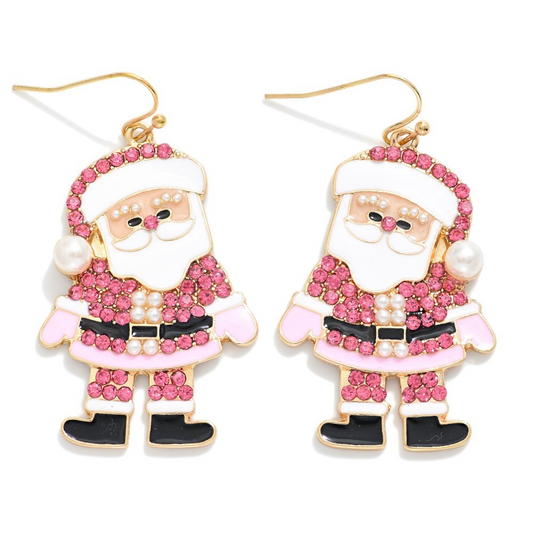 Rhinestone & Pearl Enamel Pink Santa Claus Drop Earrings