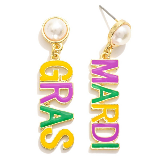 MARDI GRAS Post Drop Earrings Featuring Pearl Post