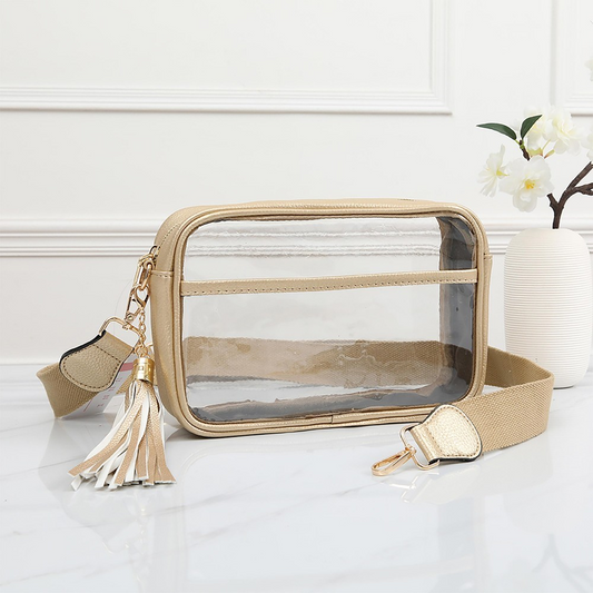 Clear PU Cross Body Bag With Leather Walls and Trim Featuring Detachable Leather Tassel
