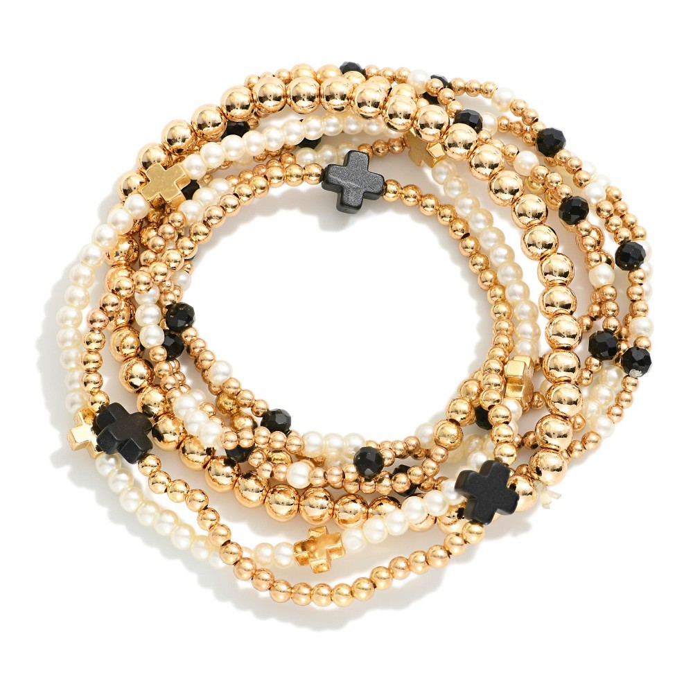 Set Of Seven Gold Tone Beaded Bracelet Featuring Criss Cross Bead And Pearls