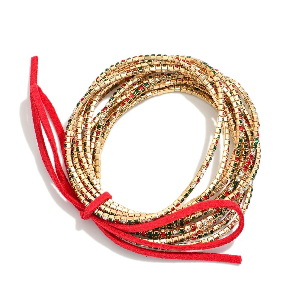 Set Of 12 Rhinestone Beaded Stretch Bracelets With Vegan Leather Bow Detail