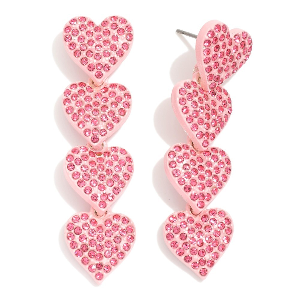 Linked Painted Metal Pave Rhinestone Hearts Post Drop Earrings