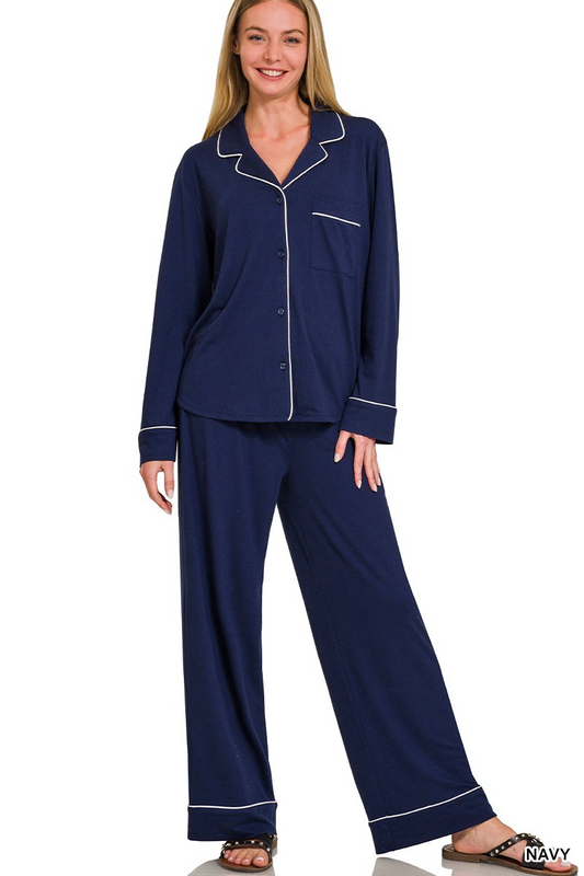 Button-down long sleeve shirt & long pants pj set