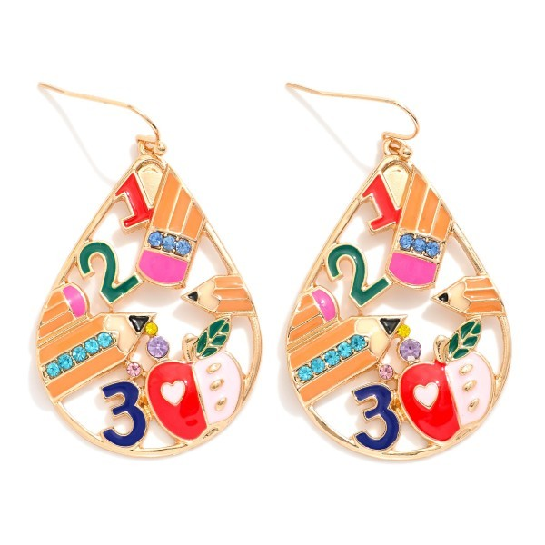 Enamel Apple & Pencil Teardrop Drop Earrings Featuring Rhinestone