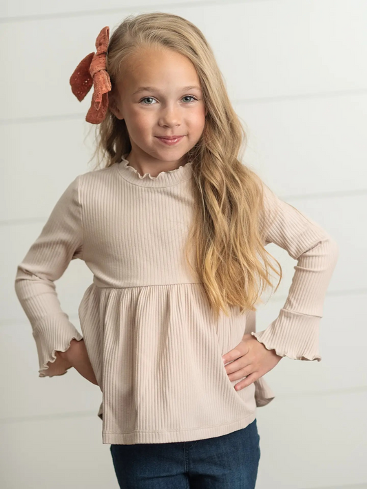 Kids Beige Ecru Long Sleeve Lettuce Trim Ribbed Fall Shirt