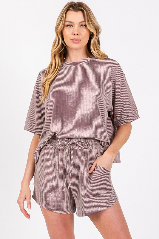 RIBBED ROUND NECK TOP AND SHORTS SET