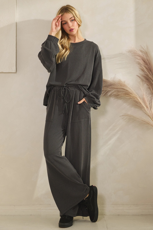 Ribbed Knit Top And Wide Leg Pants Set