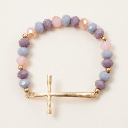 Faceted Bead Beaded Stretch Bracelet Featuring Hammered Metal East West Cross