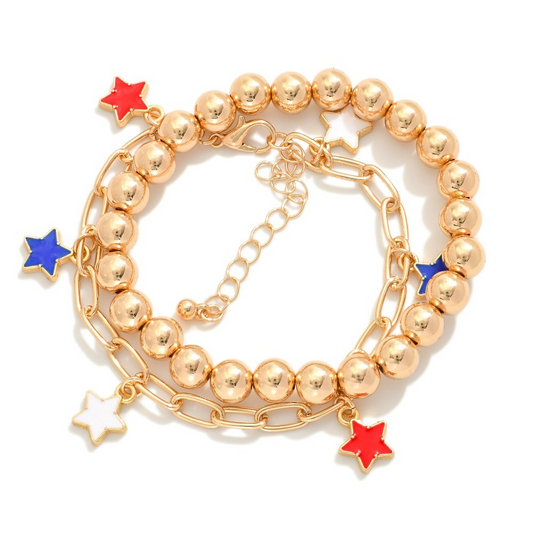 Set Of Two Beaded Stretch & Chain Link Bracelets Featuring Enamel Star Charms