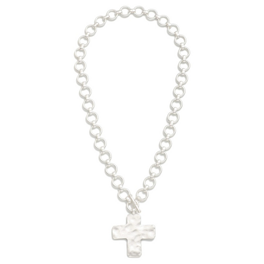 Metal Tone Circle Link Necklace Featuring Cross Pendent