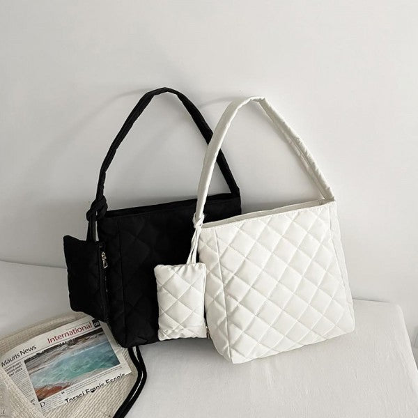 Quilted Puffer Tote Bag With Matching Wristlet